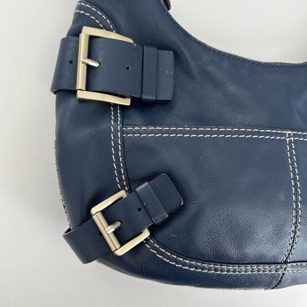 Michael Kors Y2K Purse Blue Leather Shoulder Bag Buckles Hobo Crescent - Picture 3 of 16